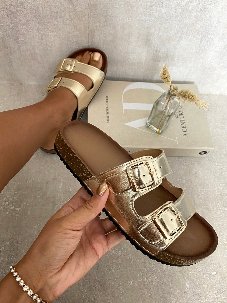 Metallic Buckle Slide Sandals