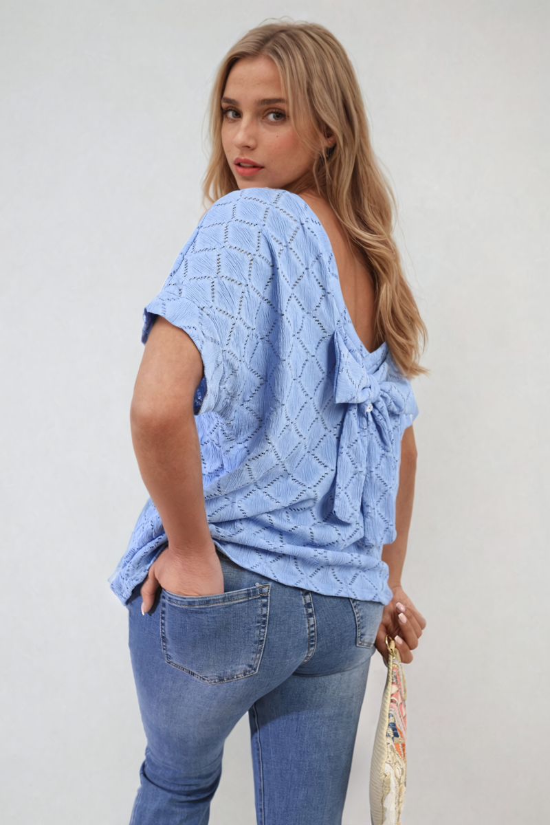 Bow Back Eyelet Details Short Sleeve Oversized Top