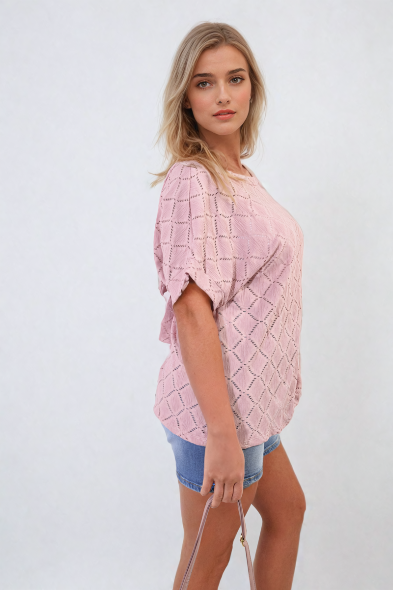 Bow Back Eyelet Details Short Sleeve Oversized Top