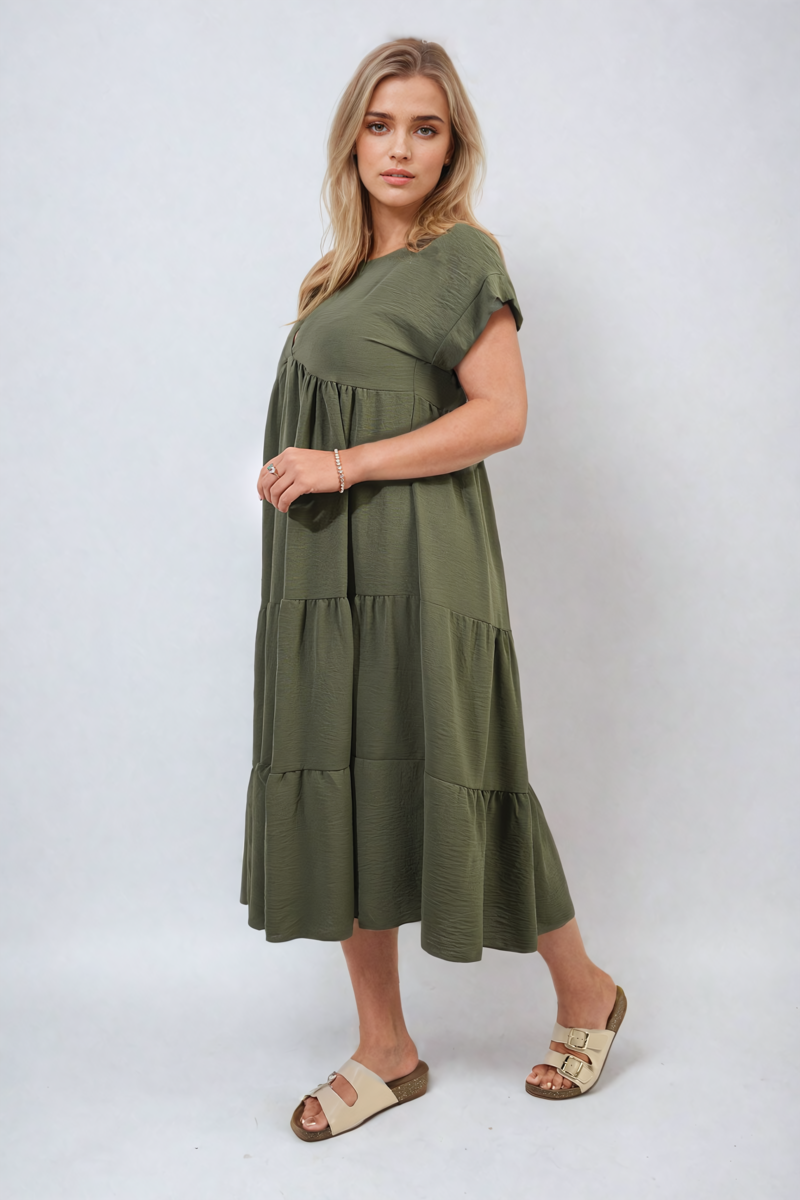 Short Sleeve Tiered V-Neck Midi Dress