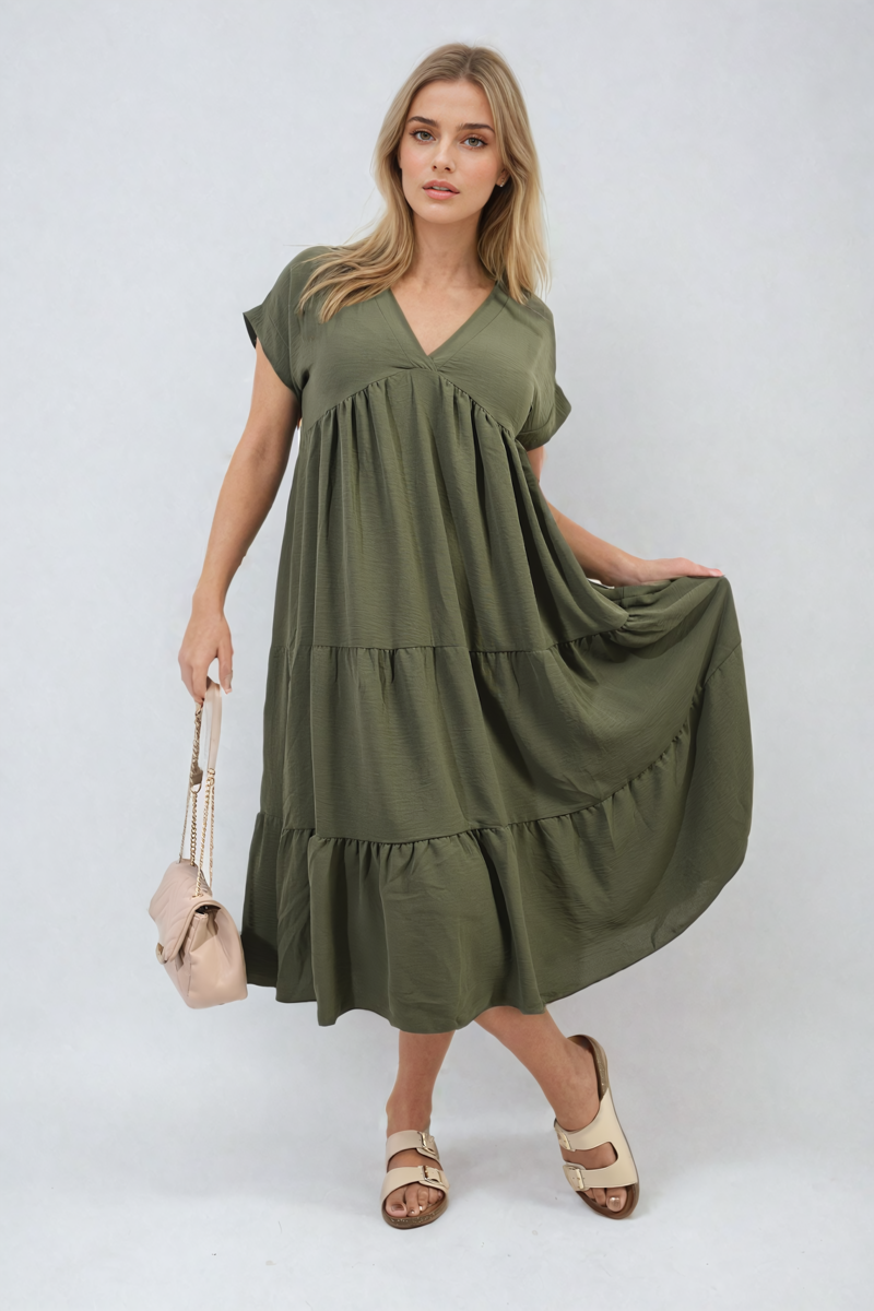 Short Sleeve Tiered V-Neck Midi Dress