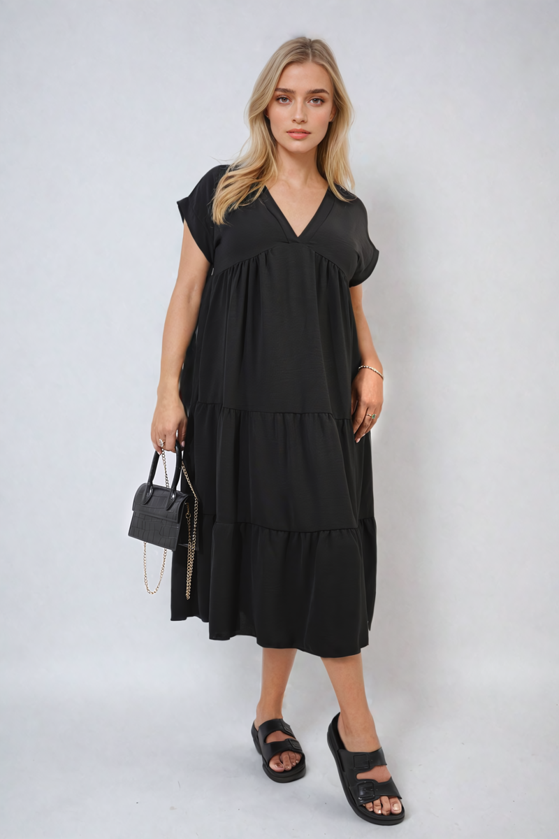 Short Sleeve Tiered V-Neck Midi Dress