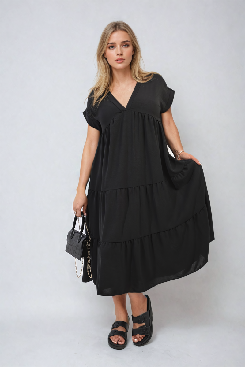 Short Sleeve Tiered V-Neck Midi Dress