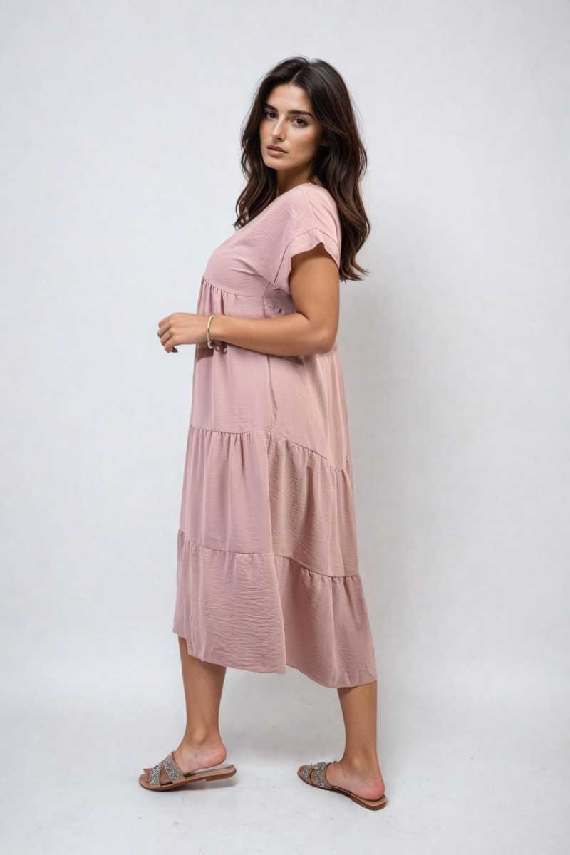 Short Sleeve Tiered V-Neck Midi Dress