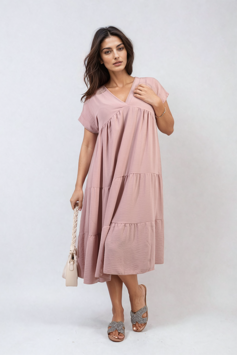 Short Sleeve Tiered V-Neck Midi Dress