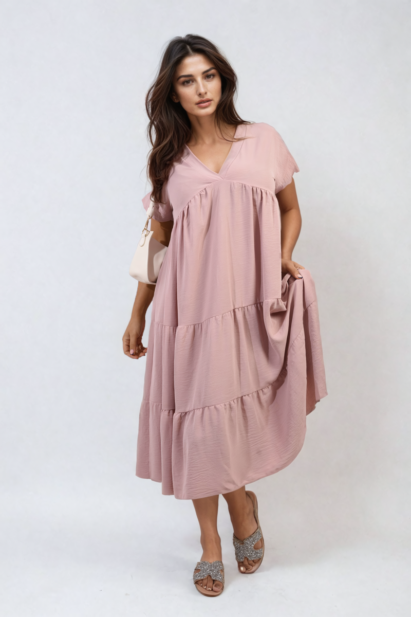 Short Sleeve Tiered V-Neck Midi Dress