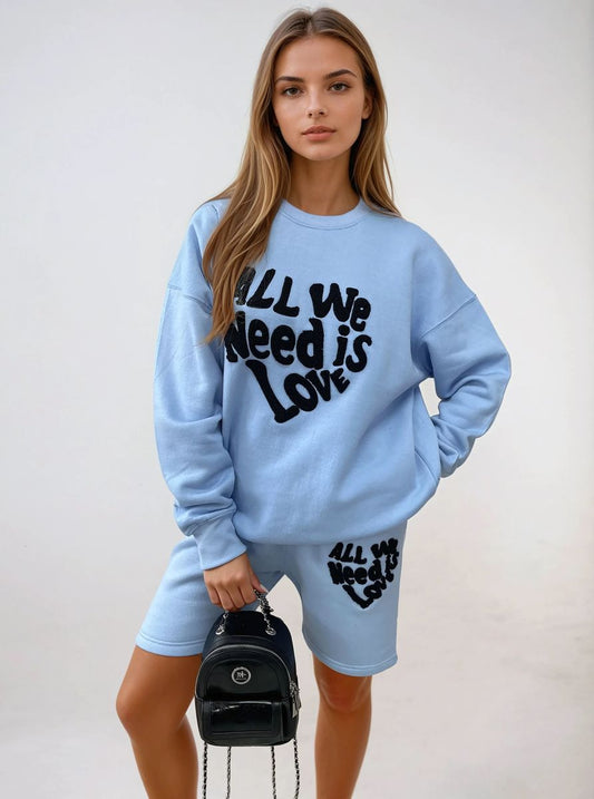 All We Need Is Love Slogan Sweatshirt and Jogger Shorts Co-ord Set