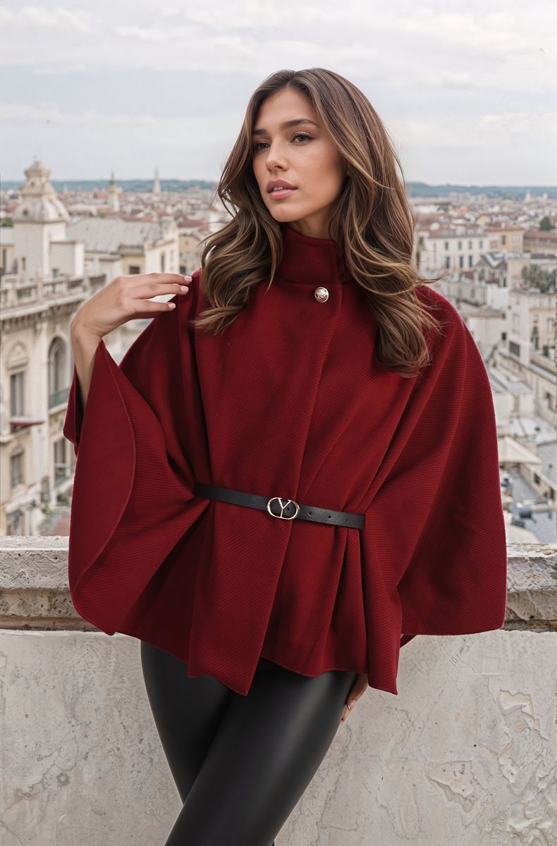 High Neck Belted Cape Jacket