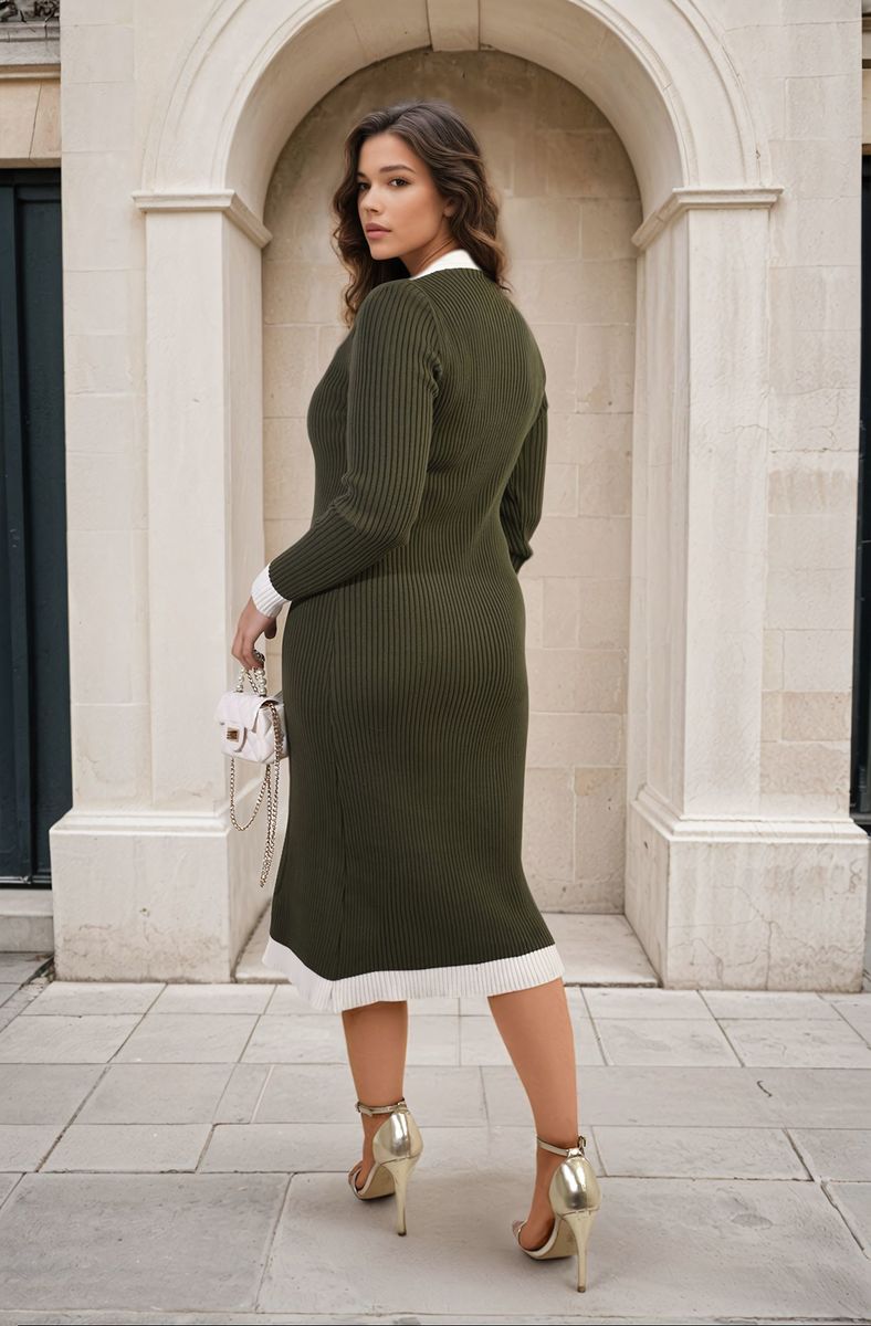 Knitted Contrast Trim Long Sleeve Midi Dress