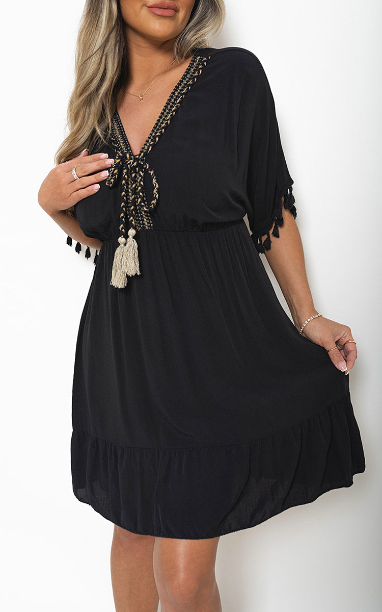 V-Neck Short Sleeve Midi Dress with Tassel Detail