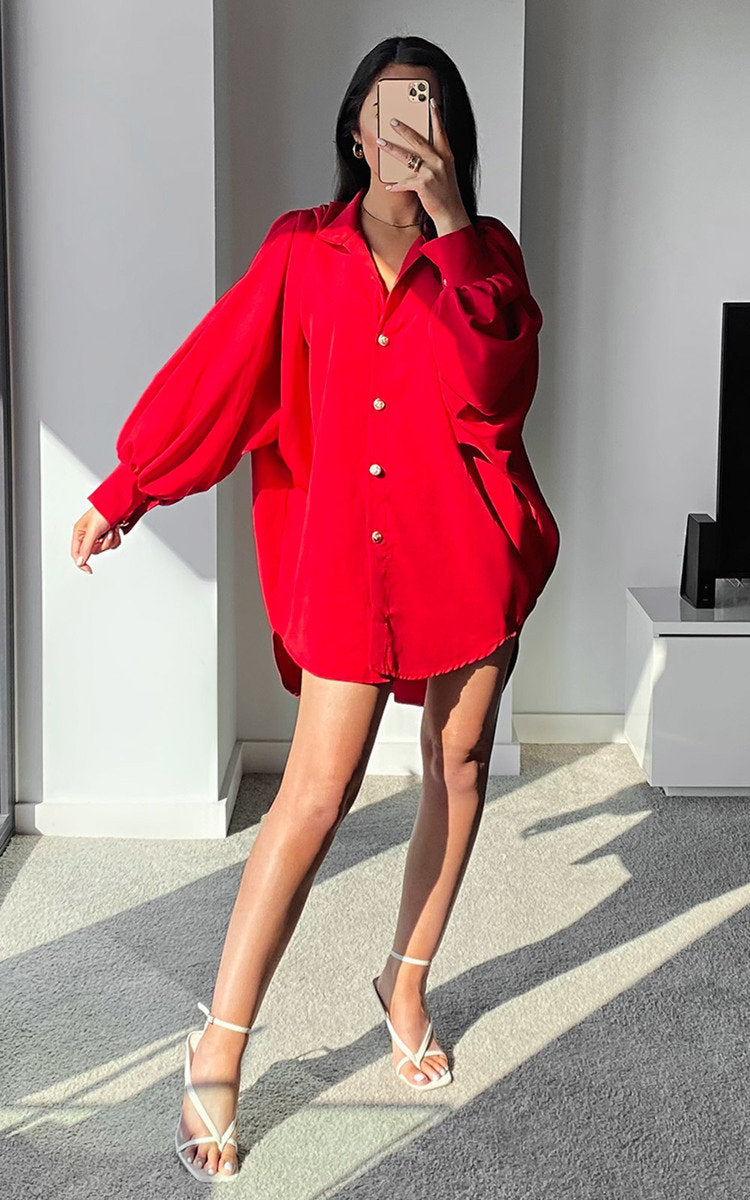 Button Down Balloon Sleeve Shirt Dress