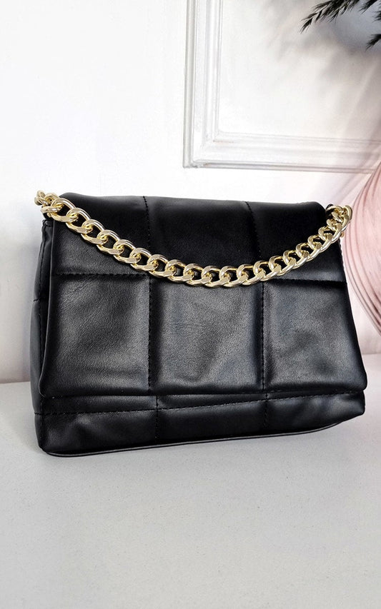 Faux Leather Padded Handbag with Chain Detail