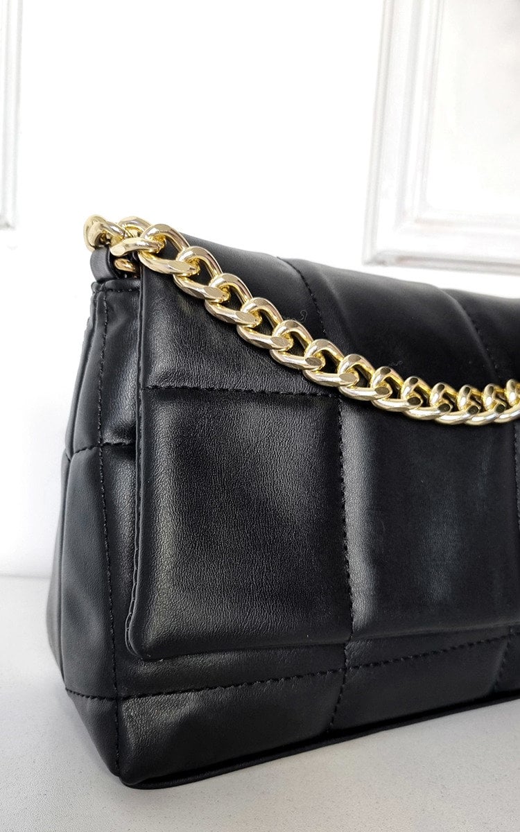 Faux Leather Padded Handbag with Chain Detail