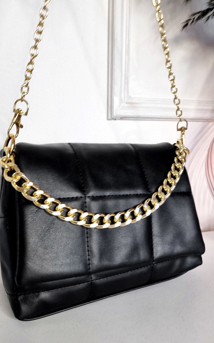 Faux Leather Padded Handbag with Chain Detail