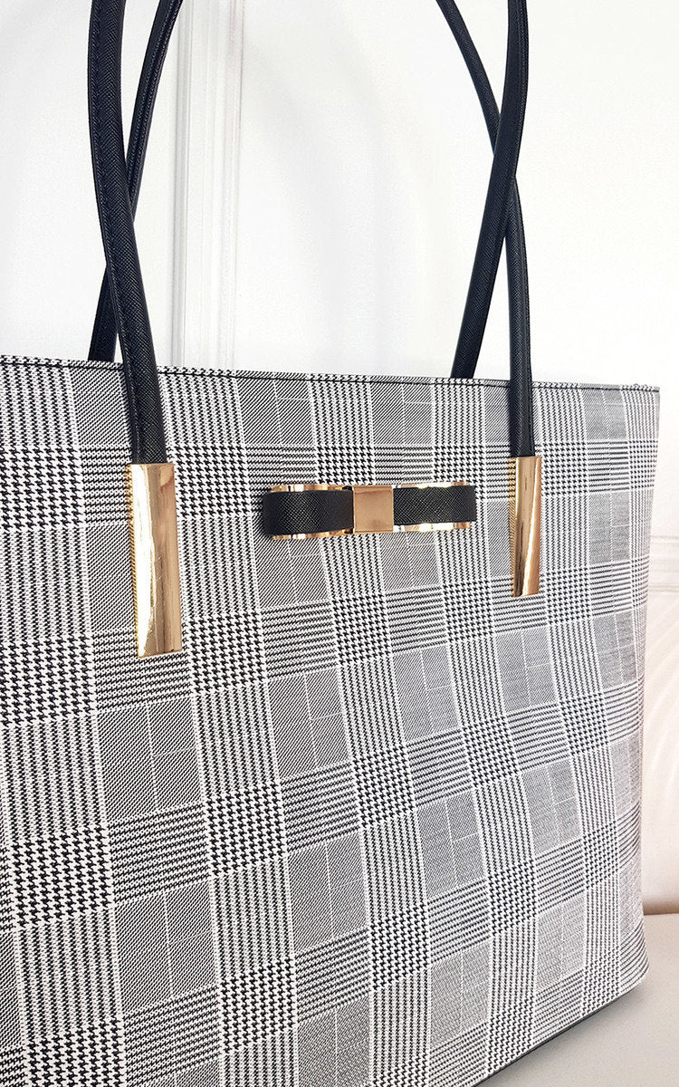 Check Print Fabric Shoulder Bag with Gold Detail