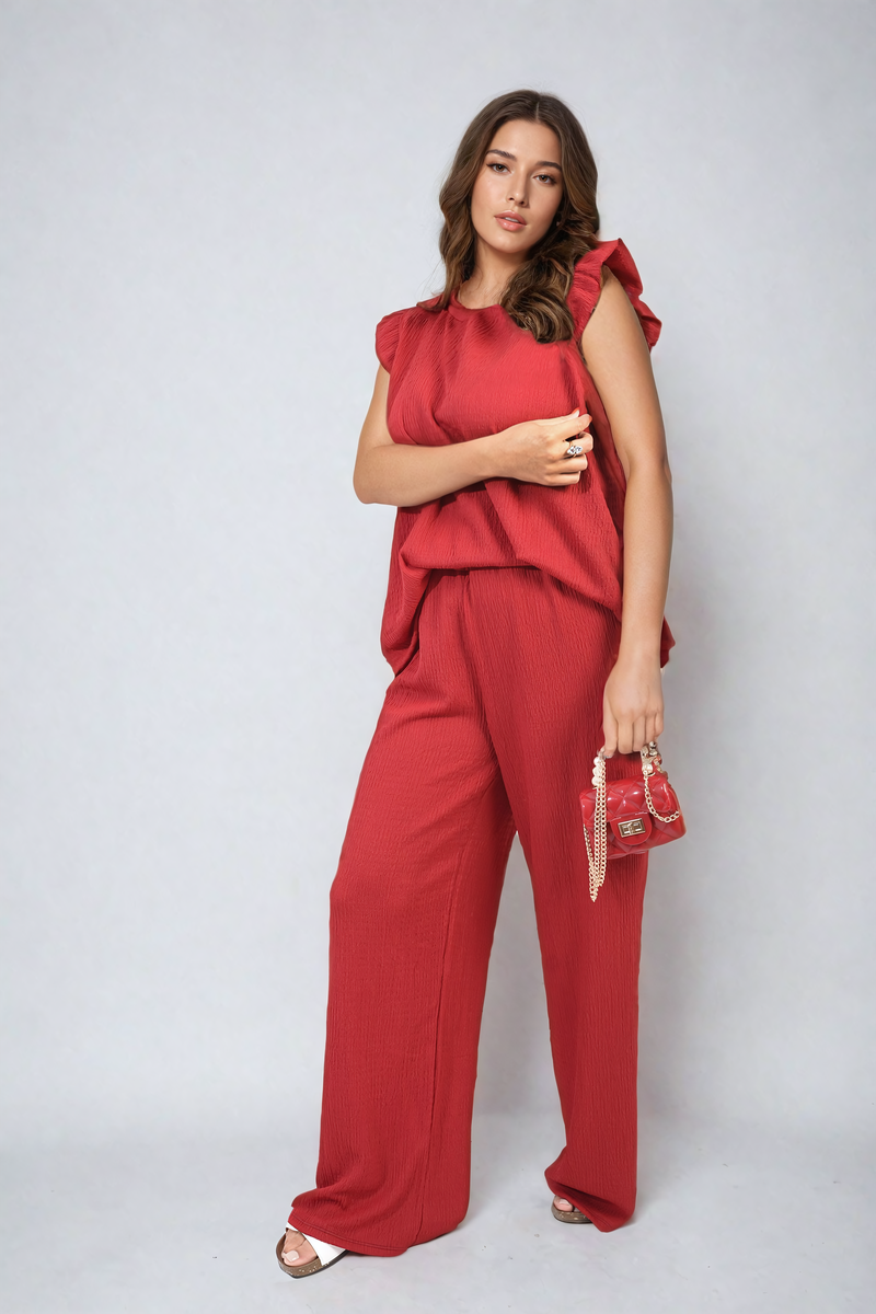 Ruffle Trim Top and Wide Leg Trouser Co-ord Set