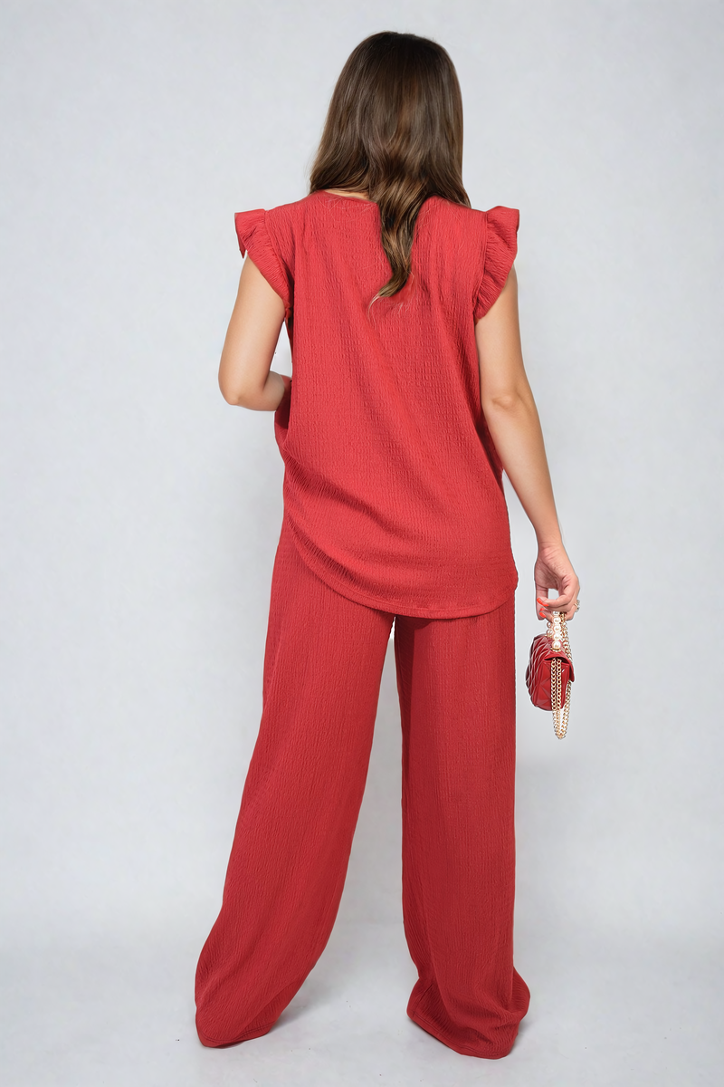 Ruffle Trim Top and Wide Leg Trouser Co-ord Set