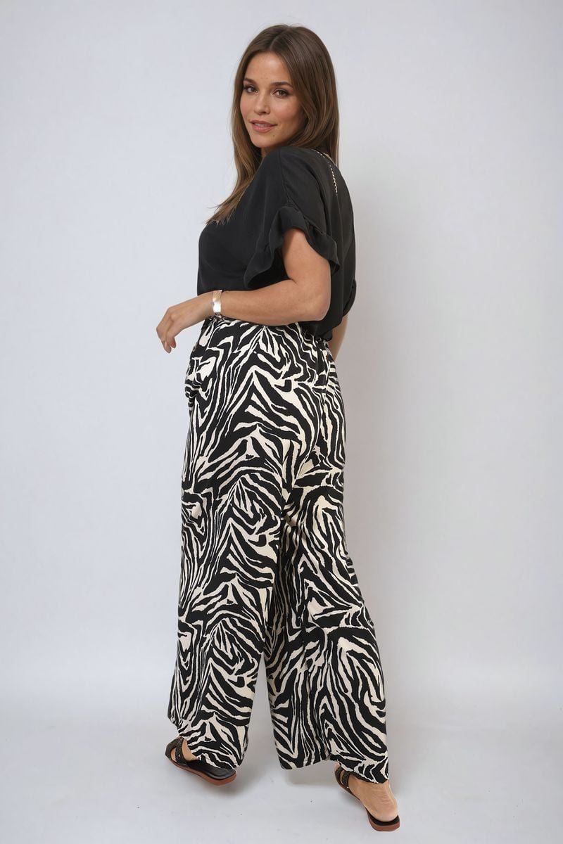 Zebra-Striped Print Wide Leg Trouser