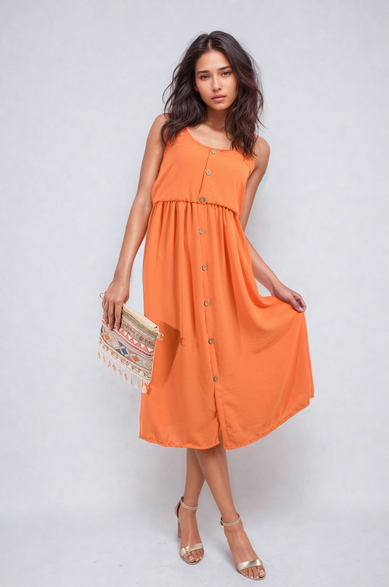 Button Front Strappy Midi Dress