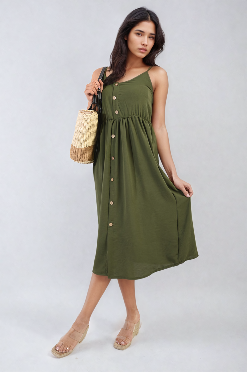 Button Front Strappy Midi Dress