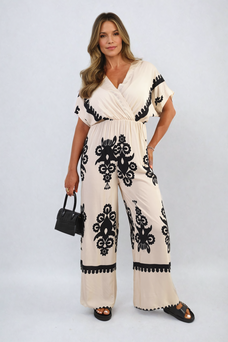 Printed Cross Front Wide Leg Jumpsuit