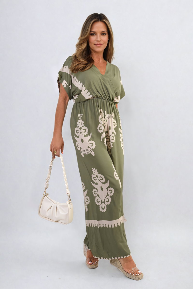 Printed Cross Front Wide Leg Jumpsuit