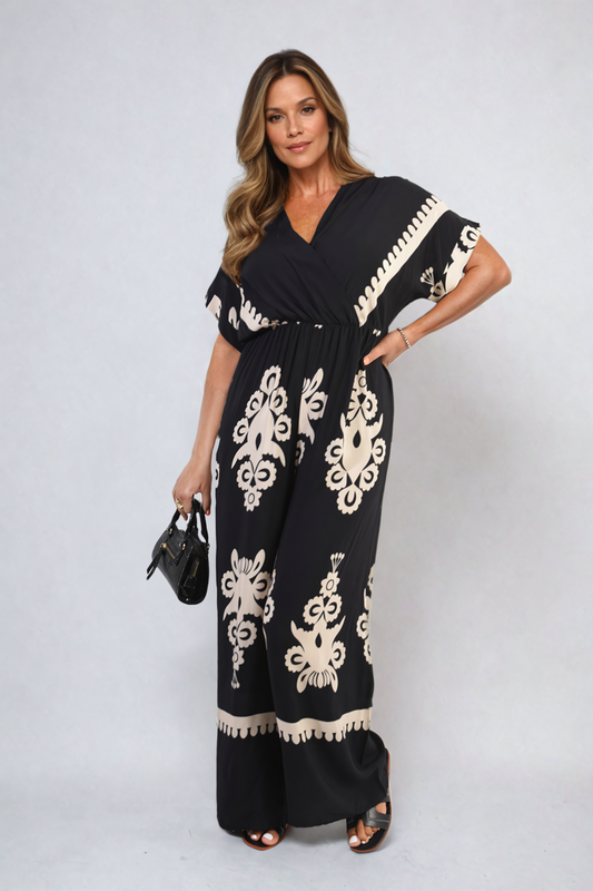 Printed Cross Front Wide Leg Jumpsuit