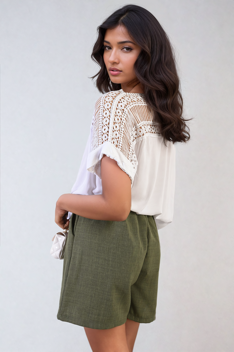 Lace Insert Round Neck Hollow Top