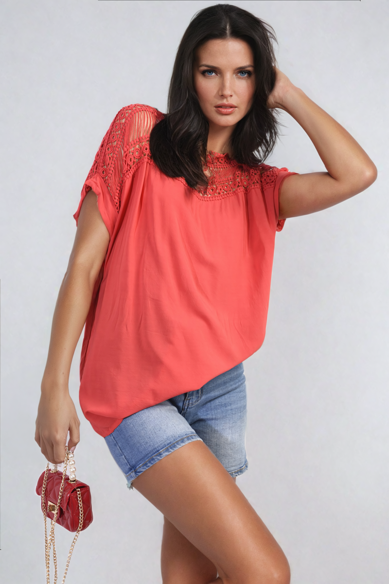 Lace Insert Round Neck Hollow Top