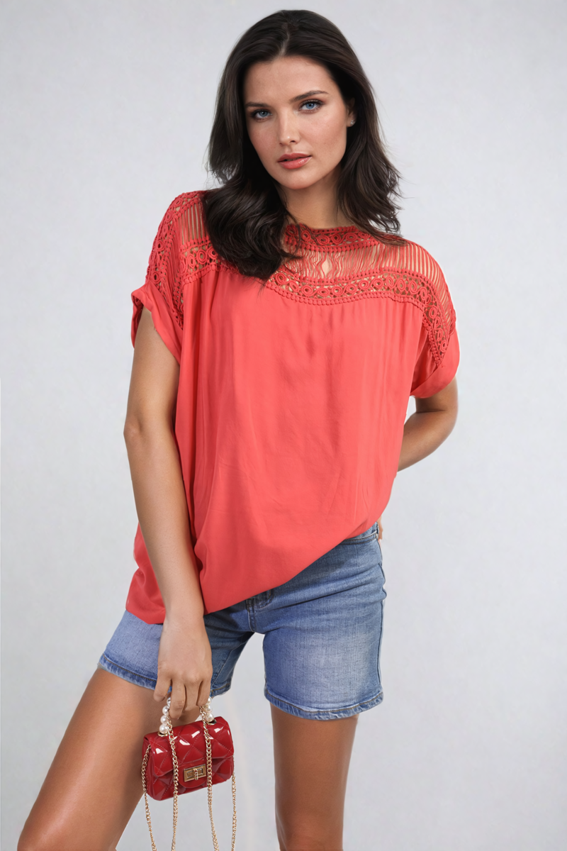 Lace Insert Round Neck Hollow Top