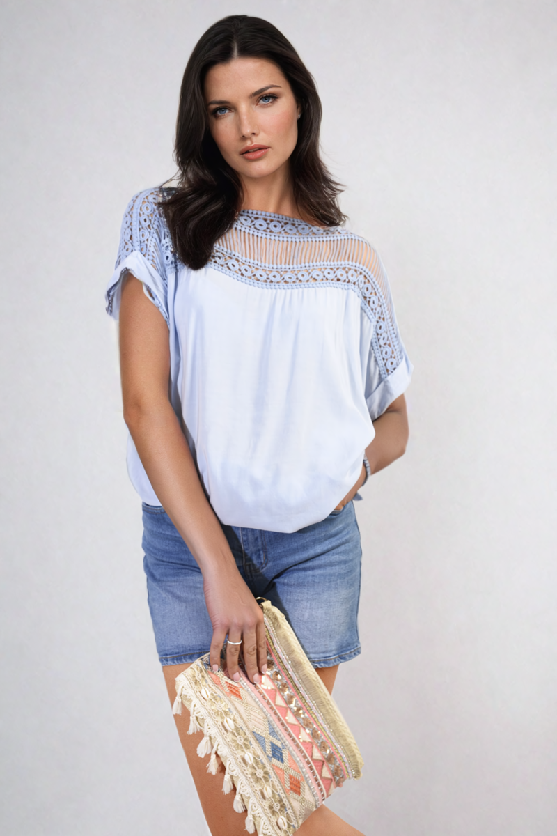 Lace Insert Round Neck Hollow Top