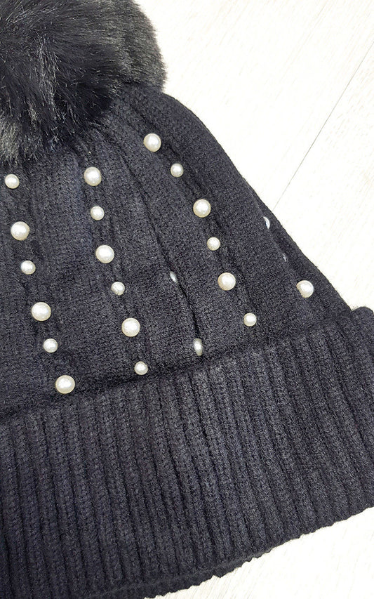 Pom Pom Hat with Pearl Detail