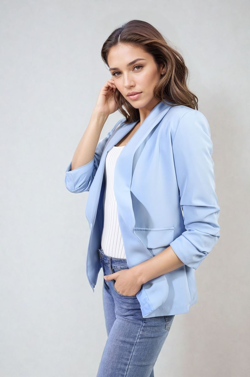 Ruched Sleeve Open Front Blazer Jacket with Front Pockets