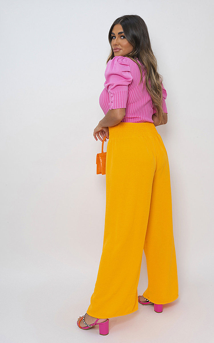 Elastic High Waist Wide Leg Trousers