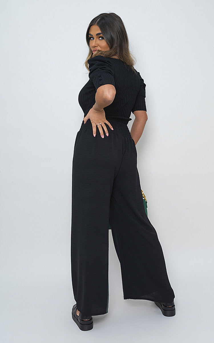 Elastic High Waist Wide Leg Trousers