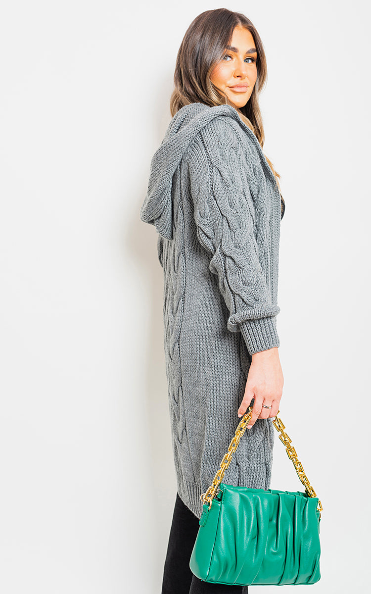 Chunky Cable Knitted Oversized Longline Hooded Cardigan