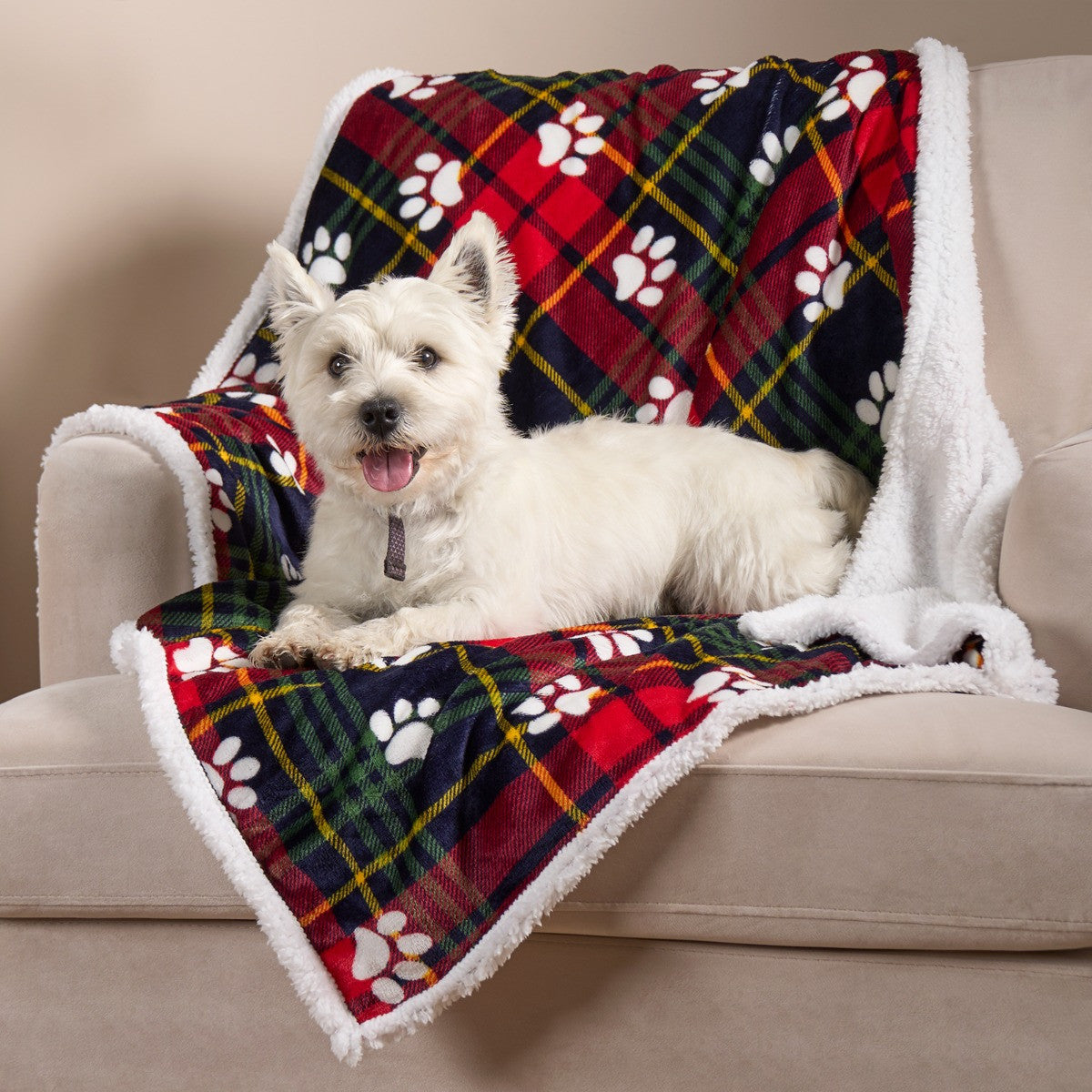 Pet Oxford Check Paw Flannel Fleece Throw