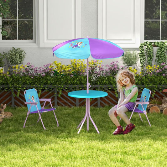 Outsunny Kids Bistro Table and Chair Set with Fairy Theme, Adjustable Parasol