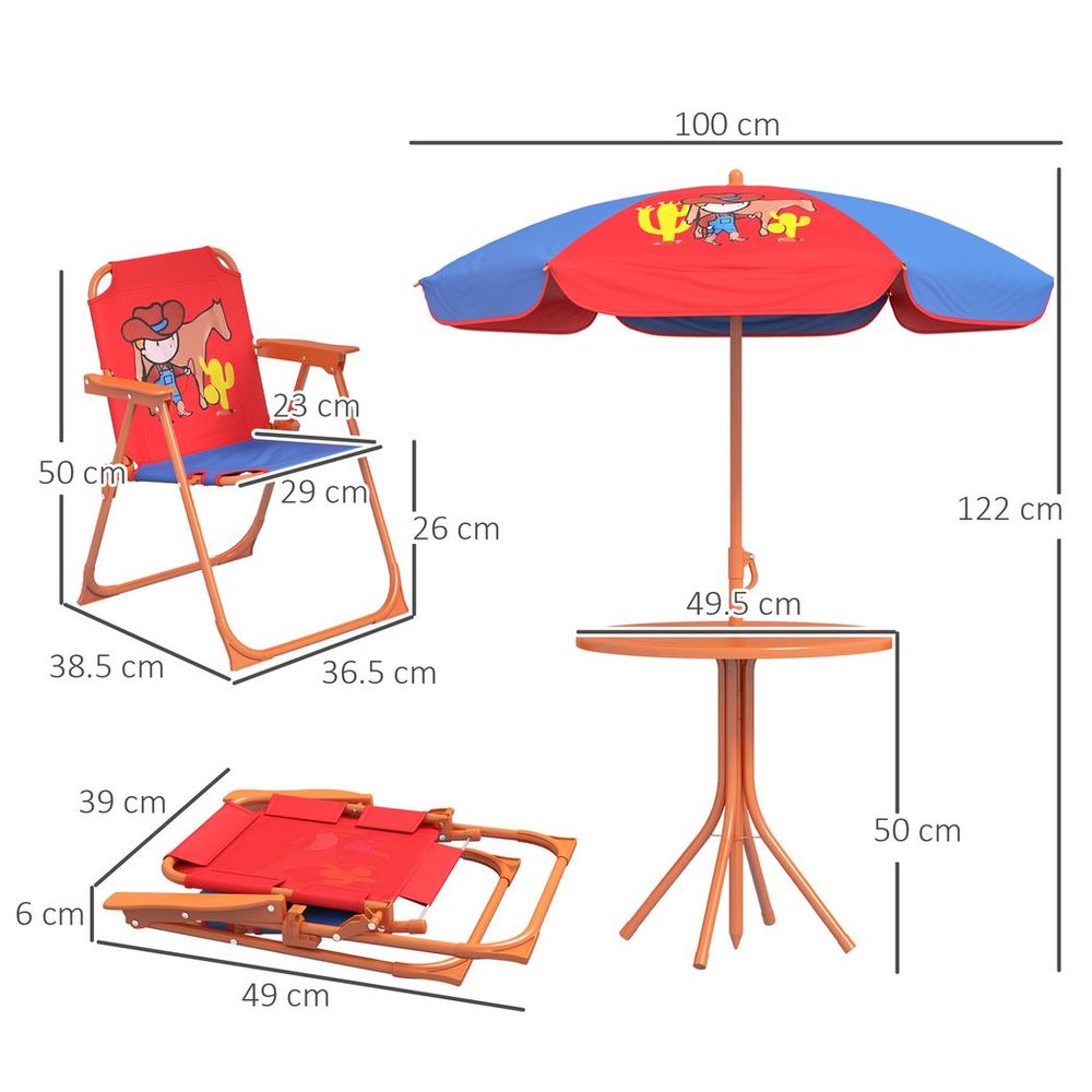 Outsunny Kids Bistro Table and Chair Set with Cowboy Theme, Adjustable Parasol