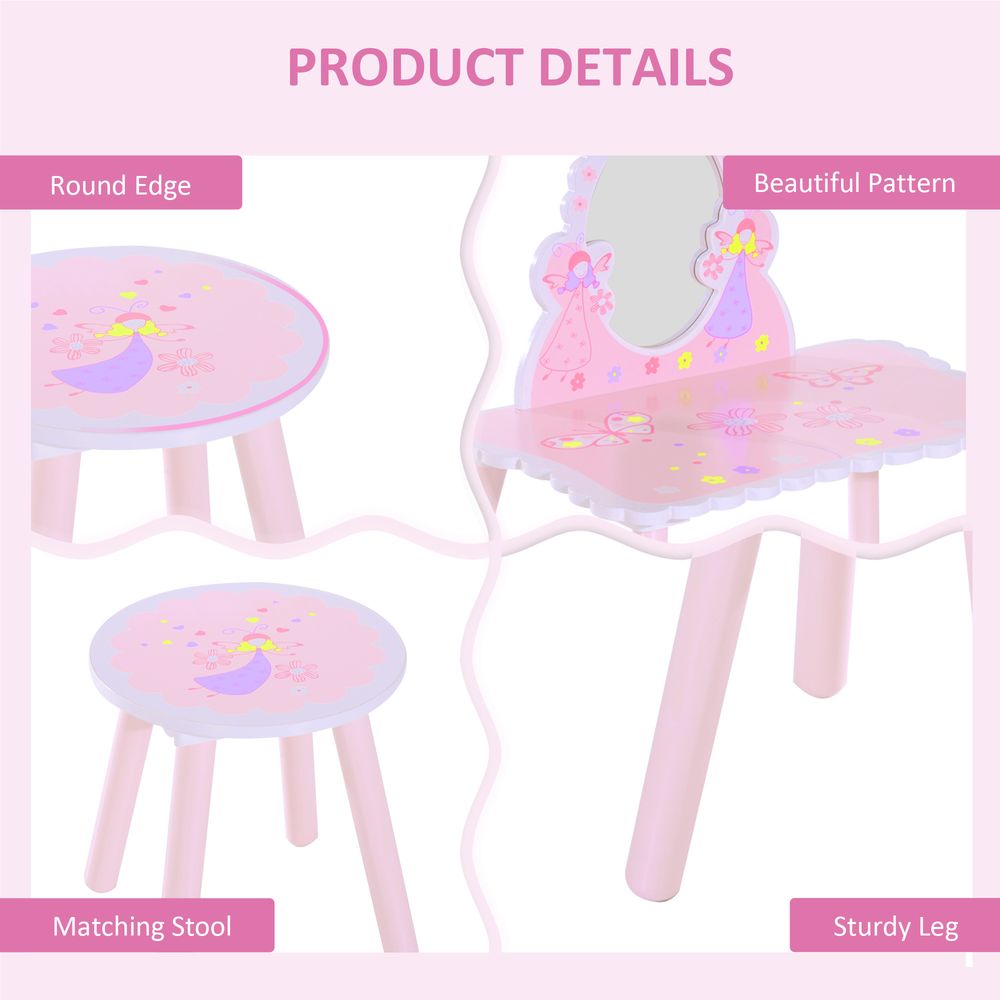 Girls Kids Pink Dressing Table Make Up Play Set Desk Chair Mirror HOMCOM