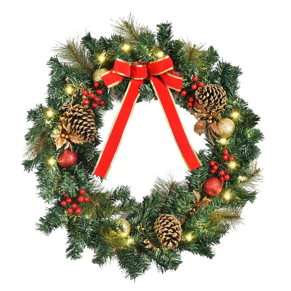 60cm Pre-Lit Artificial Christmas Door Wreath Holly LED Decor Pine Cones Hangin