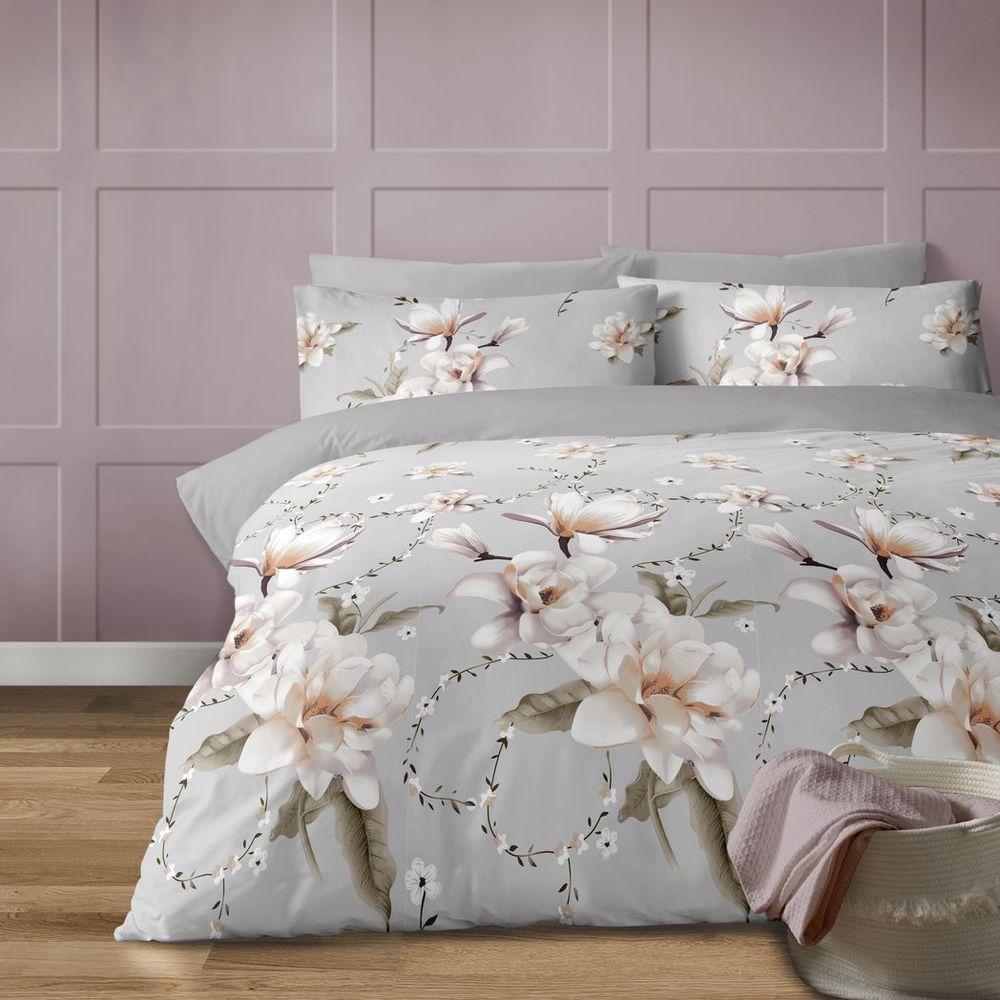 Anemone grey duvet cover set with large white floral print