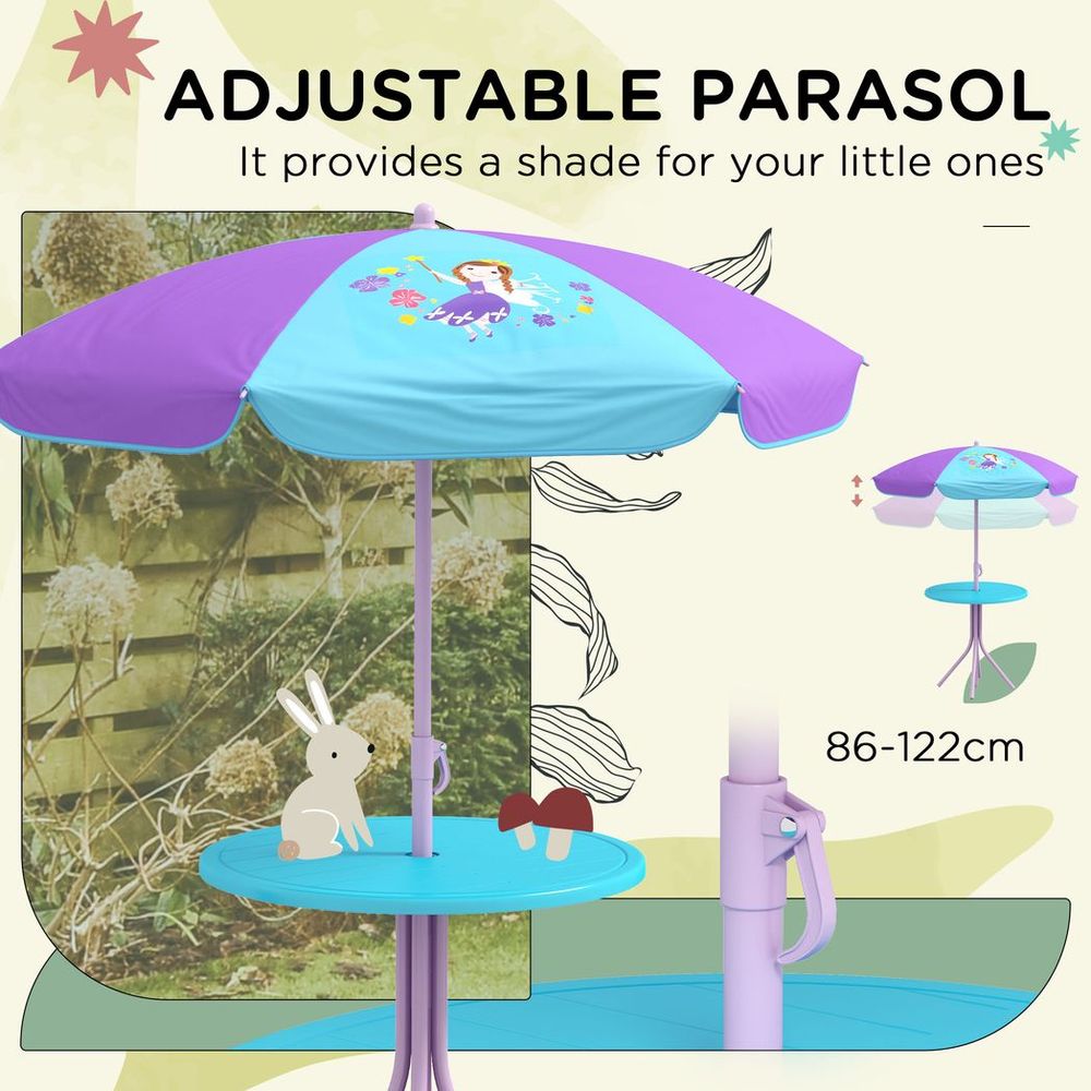Outsunny Kids Bistro Table and Chair Set with Fairy Theme, Adjustable Parasol