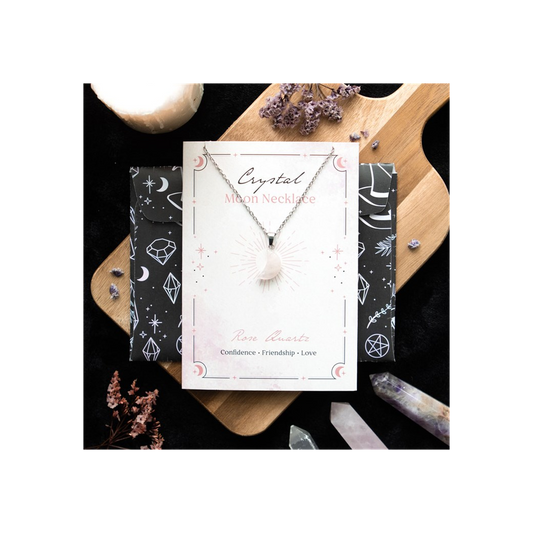 Rose Quartz Crystal Moon Necklace on Greeting Card