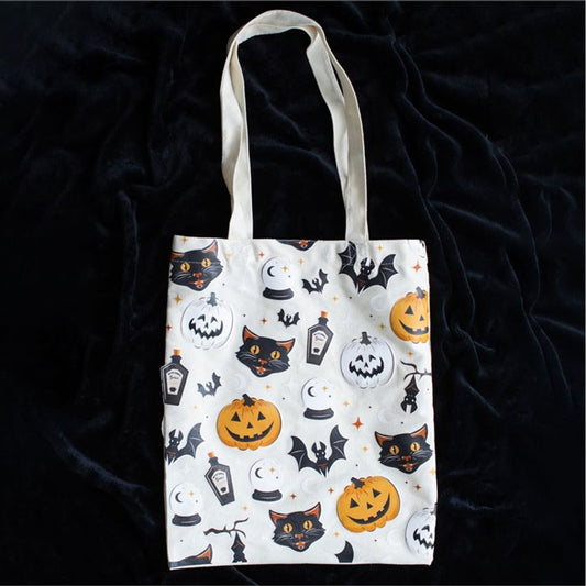 Spooky Cat and Pumpkin Print Polycotton Tote Bag