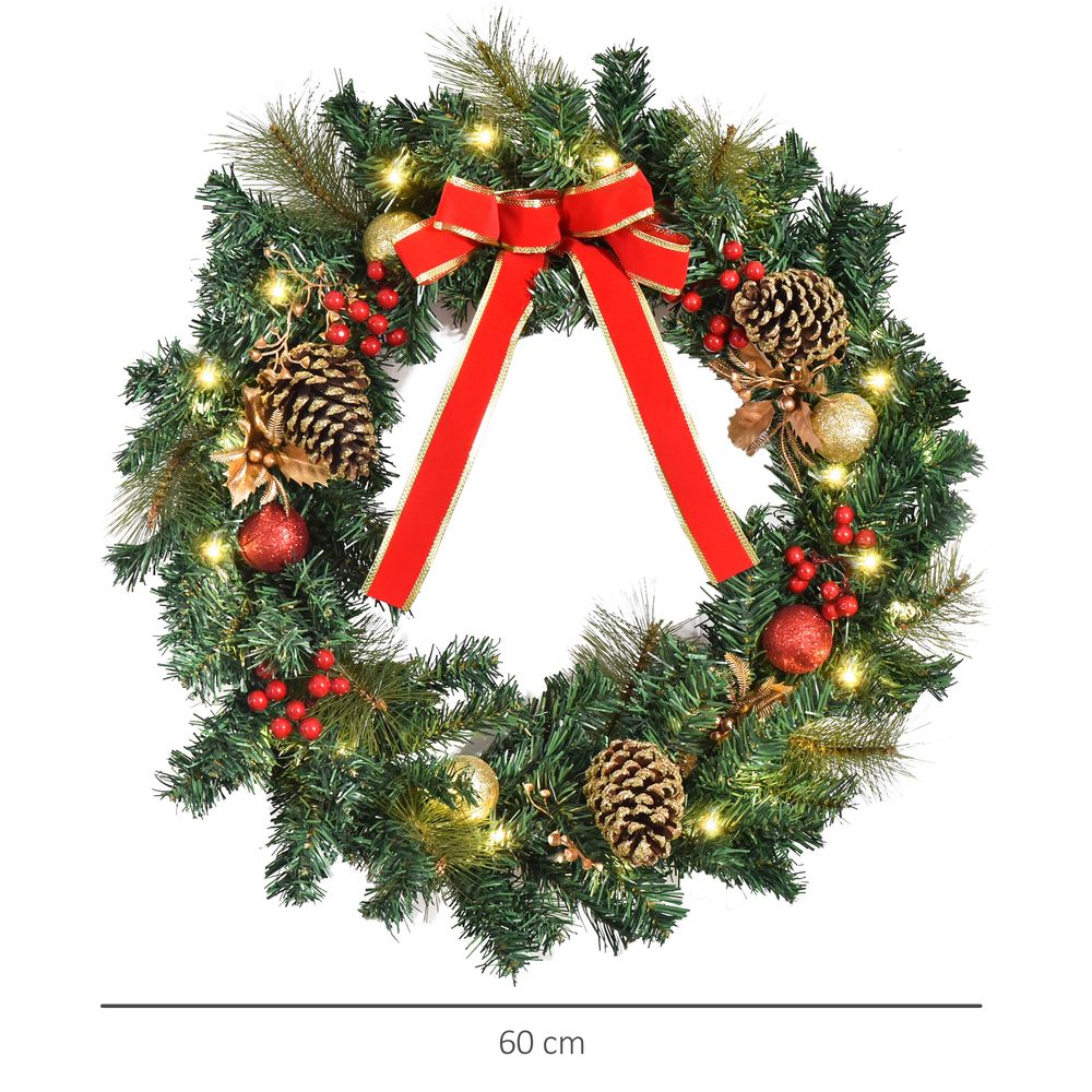 60cm Pre-Lit Artificial Christmas Door Wreath Holly LED Decor Pine Cones Hangin